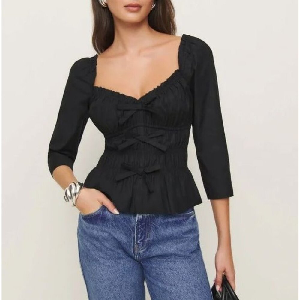 NEW Reformation Womens 12 Lauryn Top Black Organic Cotton Blend Puff Sleeve